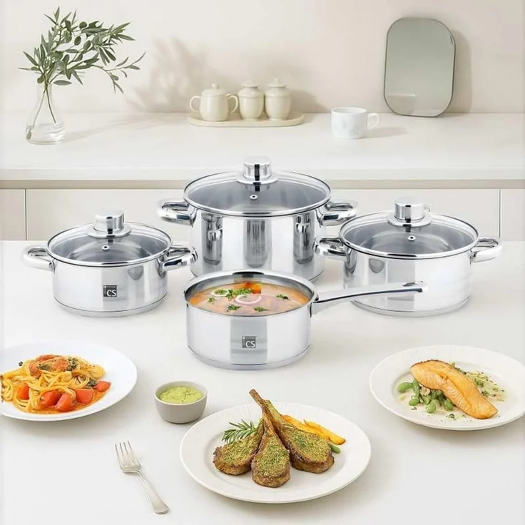CS Koch-Systeme Topf-Set BELM, Edelstahl (Set, 7-tlg, je 1 Kochtopf 16/18/20 cm, 1x Stielkasserolle 16 cm), mit Glasdeckel, Induktion – Bild 4