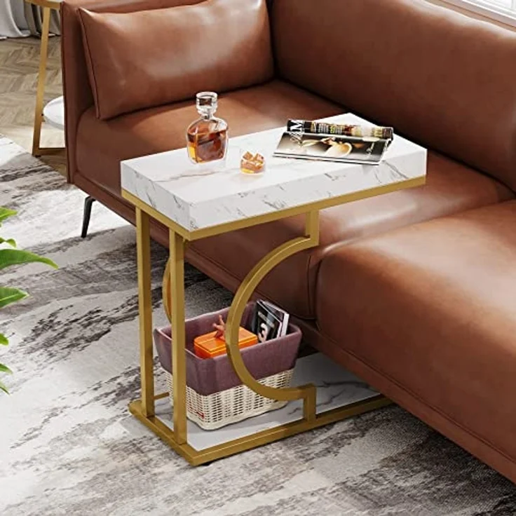 LITTLE TREE Schmaler Beistelltisch, C-förmig, moderner Nachttisch, Kleiner rechteckiger Beistelltisch für Sofa und Couch mit Metallgestell für das Wohnzimmer, Kunstmarmor Weißgold – Bild 3