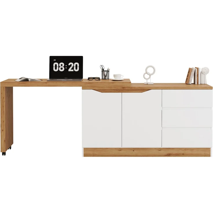 ZUBALIYA Schreibtisch mit feststellbaren Rollen – multifunktionales Design, 4 cm dickere, drehbare Tischplatte, fest arretierbar, weiß/Eiche, Faltbarer Schreibtisch, Eckschreibtisch, Sideboard,Dicke Materialie – Modell N880P4642134O – Bild 11