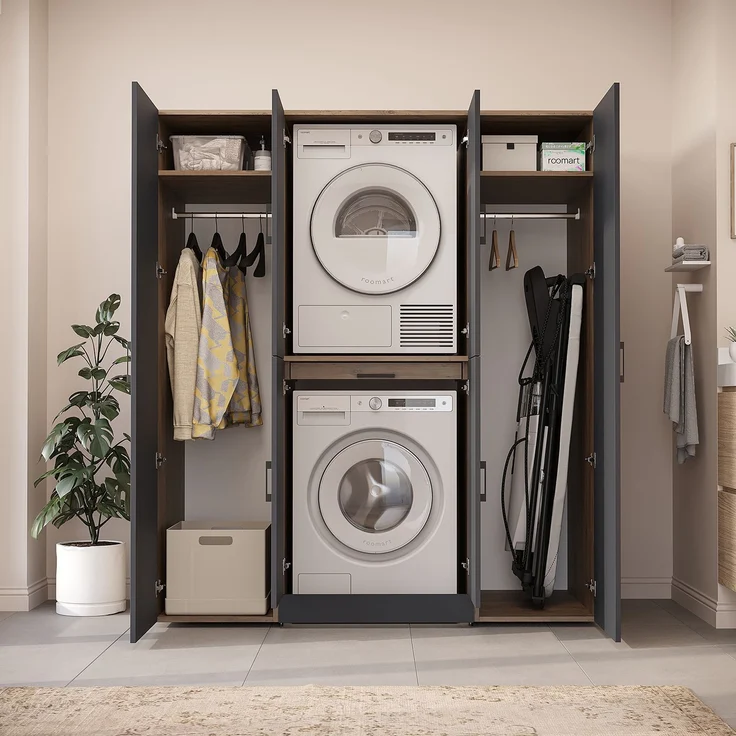 Roomart Waschmaschinenschrank - DORA-I- 160 cm breit - Wasch- & Trocknerschrank mit 2 Hochschränken, Türen & Ausziehbrett, Waschmaschinen-Überbau für Waschküche & Hauswirtschaftsraum • Anthrazit-Eiche – Bild 5