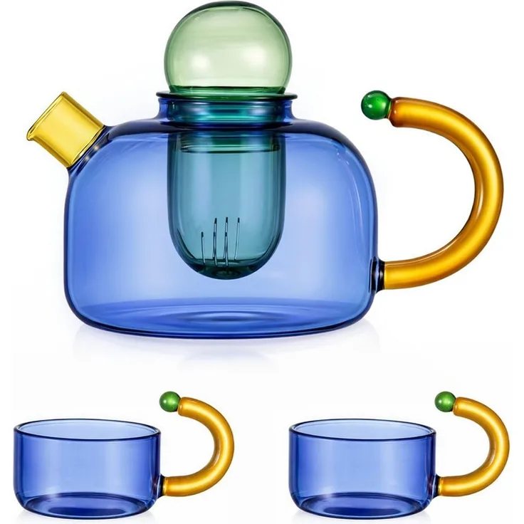 Youyijia Teekanne Teekannen Glas Teekanne Set mit 2 Tassen und herausnehmbarem Teesieb