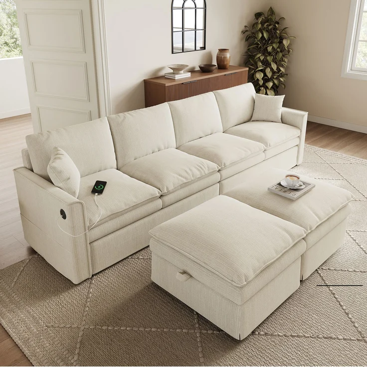 Ecksofa 277x135x80 cm, modulares 6-Sitzer Sofa in Beige mit Stauraumhockern und USB-Anschluss – Bild 3