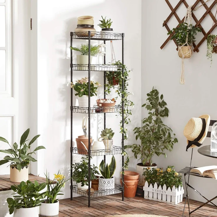 Songmics Küchenregal mit 5 Ebenen, Metallregal, Standregal, höhenverstellbare Gitterablage, mit PP-Kunststoffplatten, 4 S-Haken, für Küche, Wohnzimmer, bis zu 100 kg belastbar, schwarz LGR105B01 – Bild 9