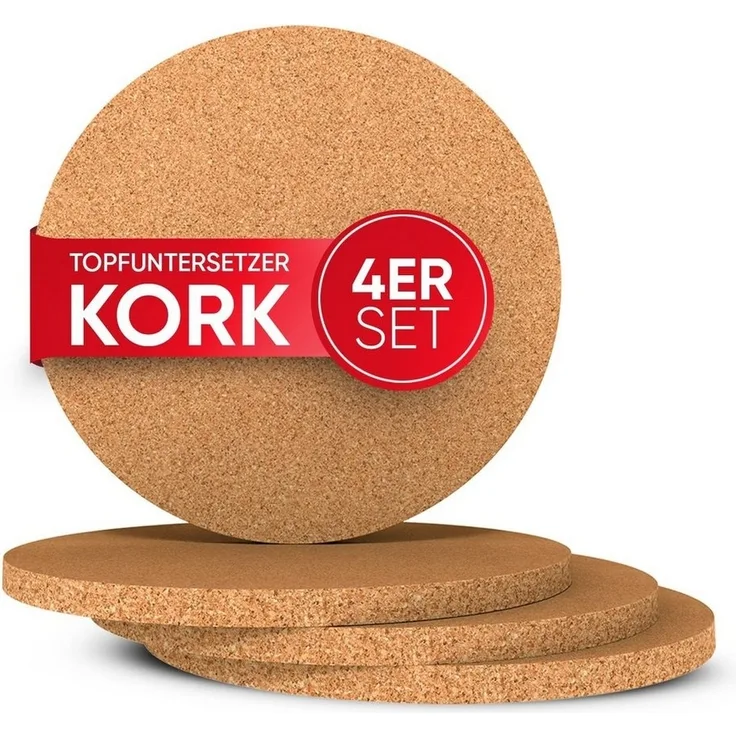 wortek Topfuntersetzer Kork Untersetzer Pfannen Töpfe Teller Gläser Vasen, Zubehör für Töpfe und Pfannen und Teller und Vasen & Co, Set, 4-tlg, Kork Tischuntersetzer Pfannenunterlage Teller-Untersetzer Unterlage