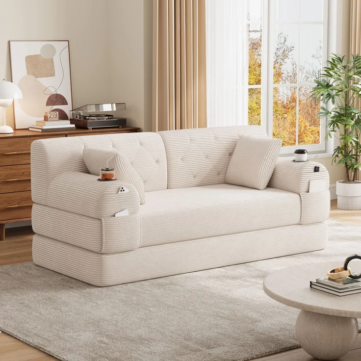 TavilaEcon 2-Sitzer Schlafsofa, komprimiertes Cord Sofa mit hoher Rückenlehne beige 81 × 80 × 168 cm (H × T × B) – Bild 5