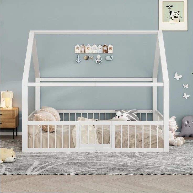 Flieks Kinderbett, Hausbett Metallbett Doppelbett 140x200cm mit Lattenrost, Tür und Zaun – Bild 2