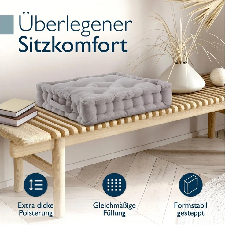 Beautissu Stuhlkissen 4er Set Bodenkissen Sitzkissen Mila, 50x50cm, Taupe, Matratzenkissen 10cm, 100% Baumwolle Stuhlkissen Indoor & Outdoor – Bild 2