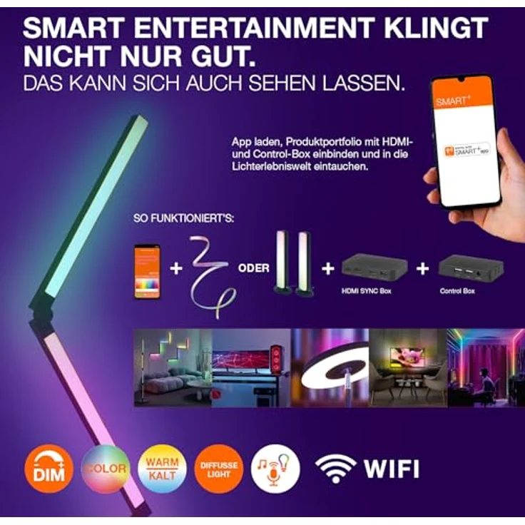 Osram SMART+ WIFI CONVERT Wand- & Stehleuchte, schwarz, 24W, 2320lm, regulierbares Weiß- & Farblicht, dimmbar, lange Lebensdauer, dynamischer Magic RGB-Lichteffekt, App-steuerbar, 2700K - 6500K – Bild 9