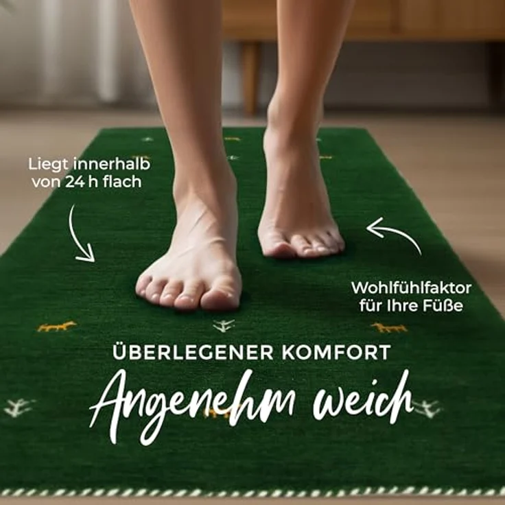 carpetfine 'Gabbeh Uni' Wollteppich, reine Wolle, Grün, 60x180 cm – Bild 5