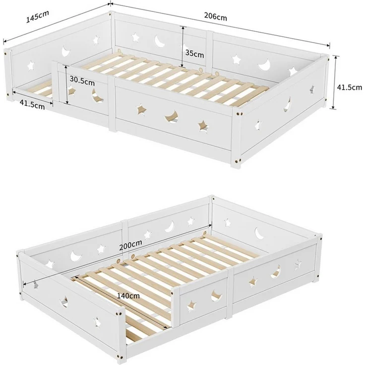 Simurq Kinderbett Bodenbett 140x200 cm, Massivholzbett mit Rausfallschutz & Lattenrost (1-tlg, Montessori Bett 140x200 mit Geländer), Jugendbett, Bettrahmen aus Massivholz, modernes Design – Bild 2