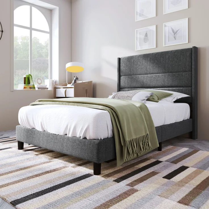 Polsterbett 90x200 cm mit Lattenrost und gepolstertem Kopfteil, Leinenbezug in Grau, zeitloses modernes Design, Jugendbett – Bild 1