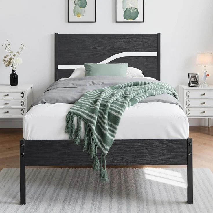 VECELO Bettgestell 90x200 cm, Metallbett mit Doppelschicht Holzkopfteil und Lattenrost, Modern Gästebett Jugendbett mit Stauraum Unter Dem Bett, Perfekt für Schlafzimmer, Schwarz
