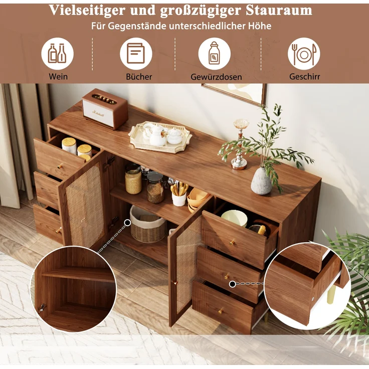 Sideboard Holzoptik, 160x40x90 cm mit Rattantüren & 6 Schubladen – Bild 6