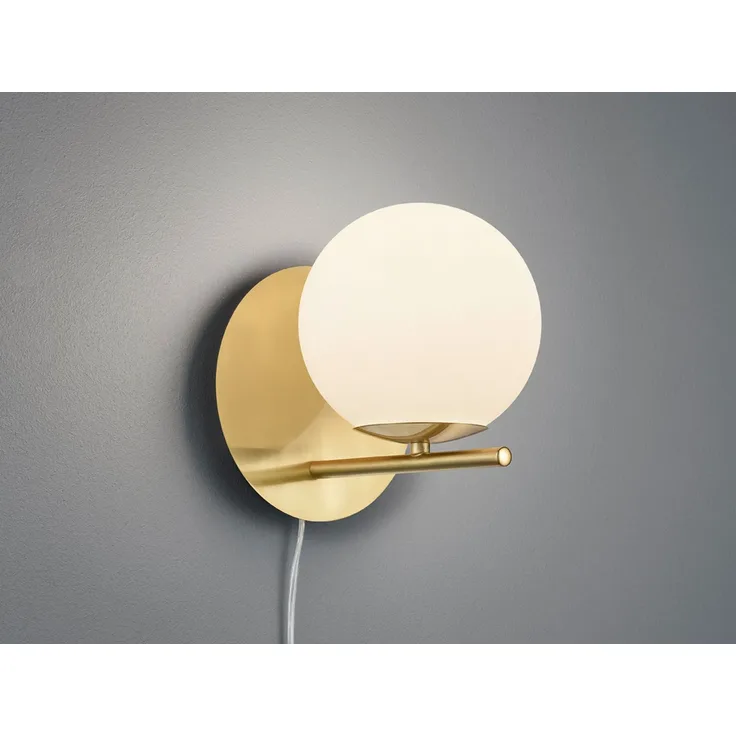 LED Wandleuchte in Messing matt mit Kugel Lampenschirm aus Opalglas, Höhe 21cm