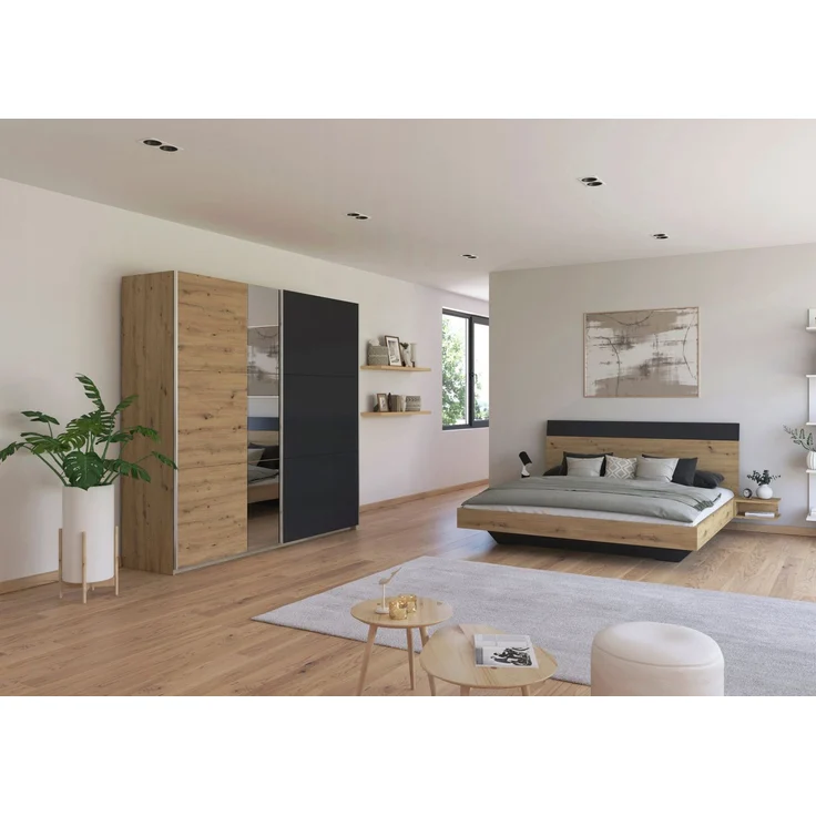 Schlafzimmer Monza Grau mit Schwebetürenschrank mit oder ohne Spiegel im Dekor Eiche Artisan und Grau Metallic – in verschiedenen Varianten wählbar - 4 teilig , Kleiderschrank mit Spiegel + Bett 180x200cm + 2 Nachttisch