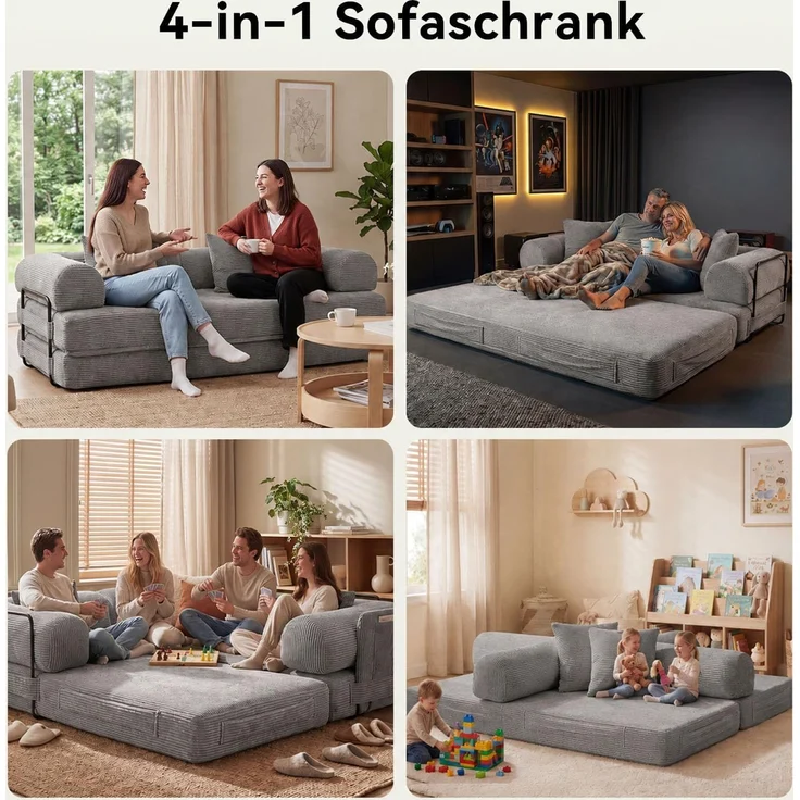 Aoxun Kordstoff Schlafsofa 200×97×70cm, 5-in-1 Umwandelbares Bodensofa, Hochdichter Schaumstoff, Haustierfreundlich, Keine Montage, Grau – Bild 3