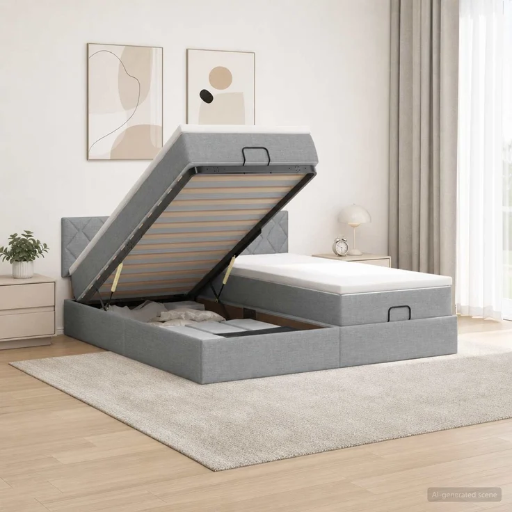 vidaXL Ottoman Bett mit Matratze mit Kopfteil 2 Stk. Hellgrau Stoff 3456705 – Bild 1