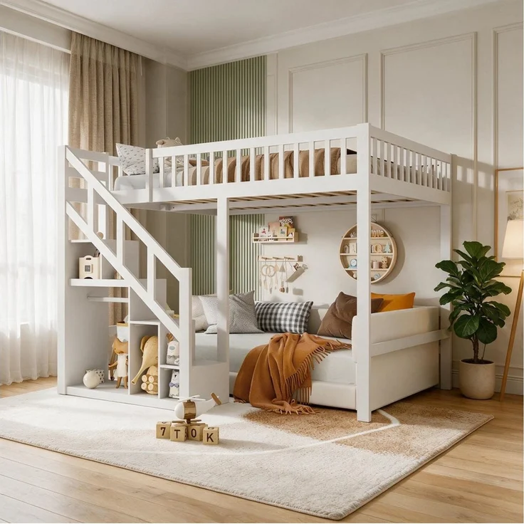 Simurq Hochbett Kinder‑Loftbett 90x200, Stauraumtreppe, Stern‑Muster Absturzsicherung – Bild 2
