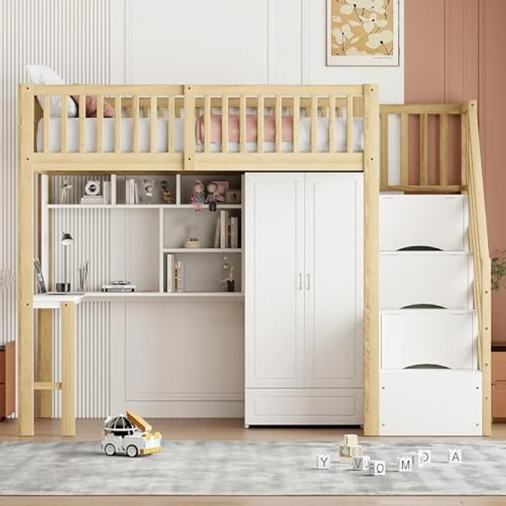 Odikalo Jugendbett Kinderbett Hochbett Kleiderschrank Regal Tisch Treppe 90x200cm – Bild 5
