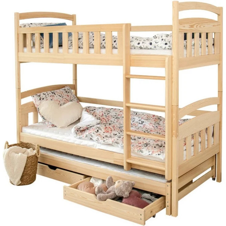Kids Collective Etagenbett Hochbett Kinderbett 90x200 cm mit Lattenrost und Rausfallschutz, mit Ausziehbett, zwei Schubladen und drei Matratzen, natur – Bild 2