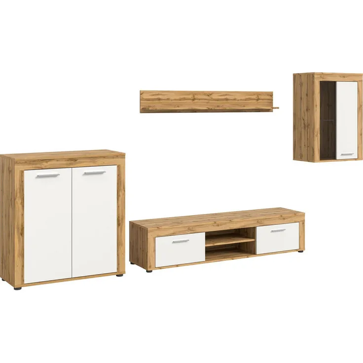 Xonox Wohnwand Weiß, Wohnkombination aus Holzwerkstoff, 330x169x35 cm, mit Glastür und Einlegeböden
