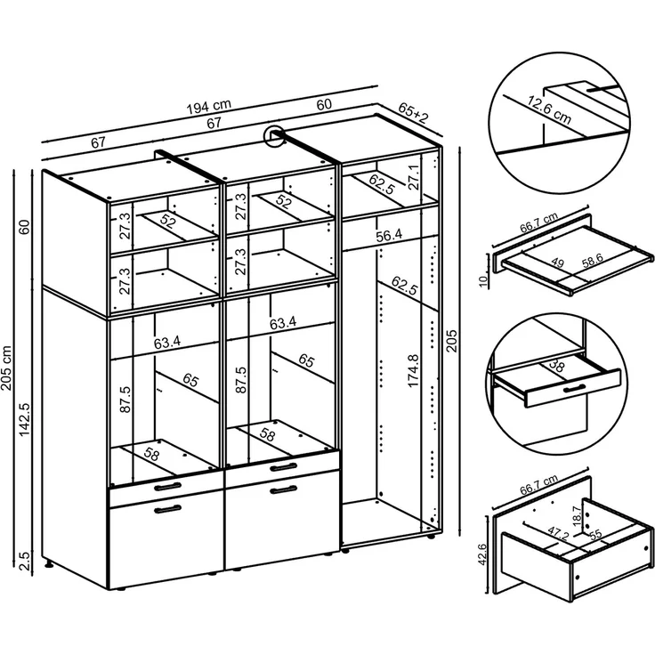 Roomart Waschmaschinenschrank Doppelschrank – SERIE 2 – 194 cm breit, Überbauschrank für Waschküche & Hauswirtschaftsraum – 205 cm hoch – mit Ausziehbrett & Schubladen – • Eiche – Bild 8