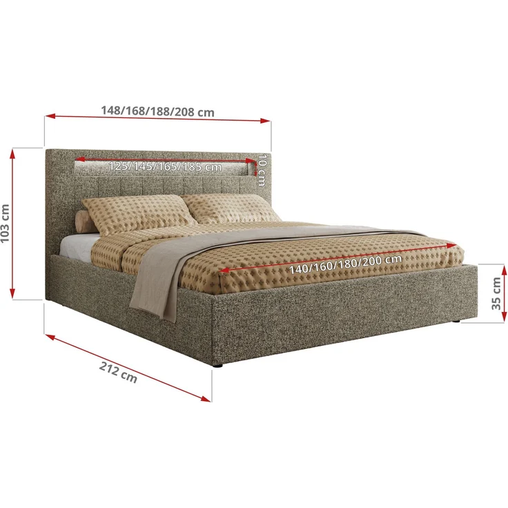 Polsterbett GOLD 5 CLASSIC 180 x 200 cm mit LED-Beleuchtung & Bettkasten, Doppelbett inkl. Lattenrost, Metall-Lift-System & Stauraum, Multipocket Matratze - Grau Struktur - ELORI LUX – Bild 4