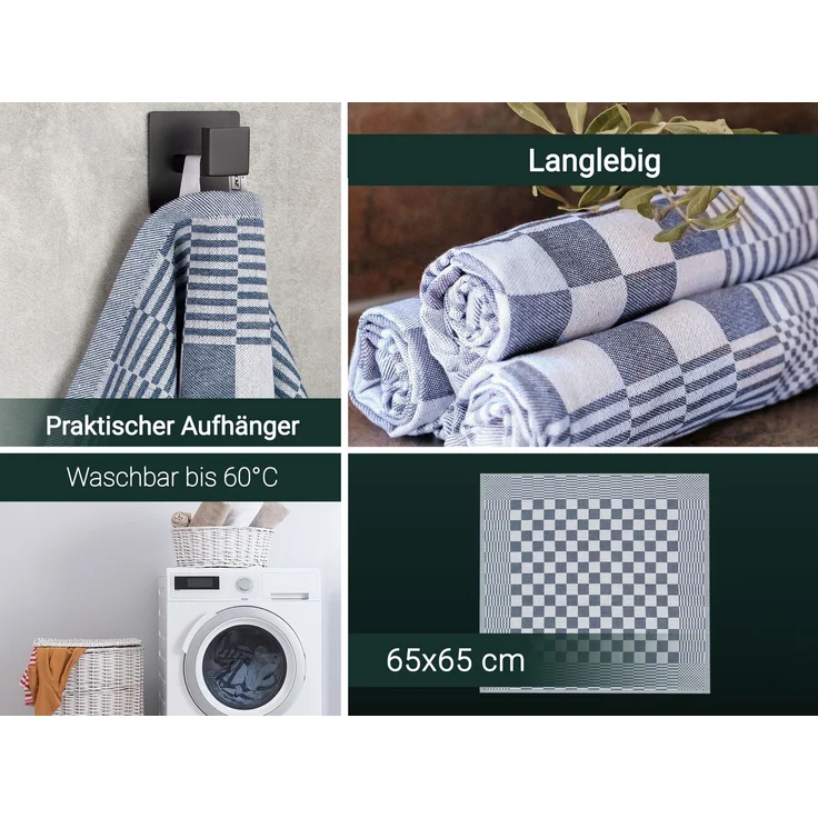 ZOLLNER 6er Set Geschirrtücher, 65x65 cm, 100% Baumwolle, blau kariert – Bild 3
