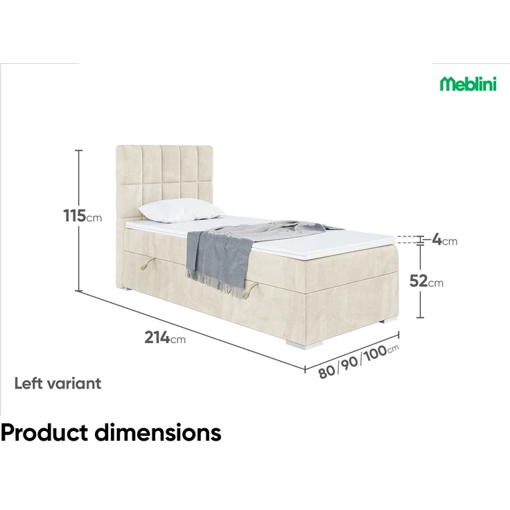 MEBLINI Boxspringbett LUKAS 100x200 cm mit Bettkasten - H3/Creme Samt Gepolstert Einzelbett mit Topper & Taschenfederkern-Matratze - 100x200 Links – Bild 7