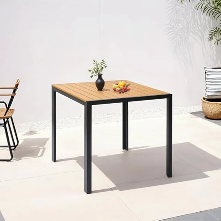 Clevich Gartentisch Wetterfeste, 75x75 cm, Outdoor-Esstisch, WPC Balkontisch, Aluminiumrahmen, Wetterfeste Gartenmöbel, Quadratischer Terrassentisch, Teakbraun – Bild 7