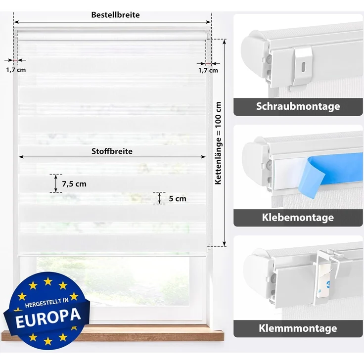 Doppelrollo Doppelrollo, 35 x 130 cm, weiß, jalousiescout, blickdicht, mit Bohren/ohne Bohren, freihängend, Klemmen, Kleben und Schrauben OHNE Aufpreis, freihängend, Klemmträger, Montage mit oder ohne Bohren – Bild 2