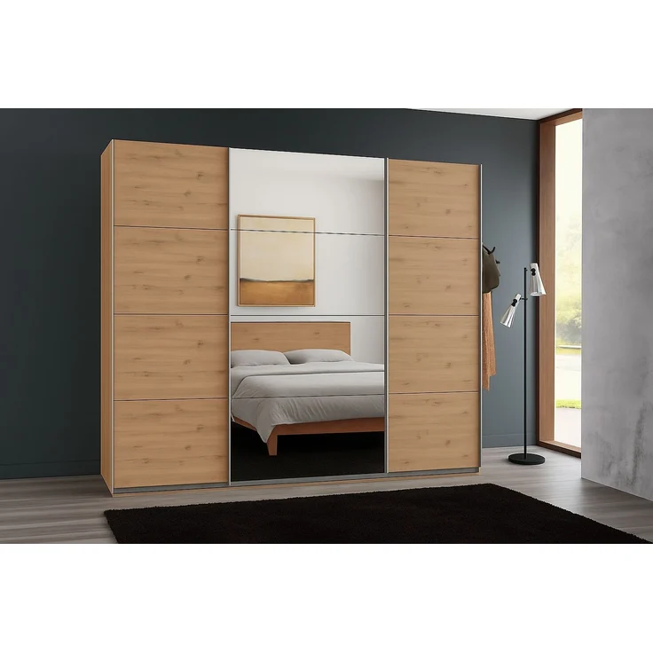 Schwebetürenschrank Kleiderschrank B225 cm H208 cm 3-türig Eiche Artisan Dekor, 1x Spiegeltür – Bild 3