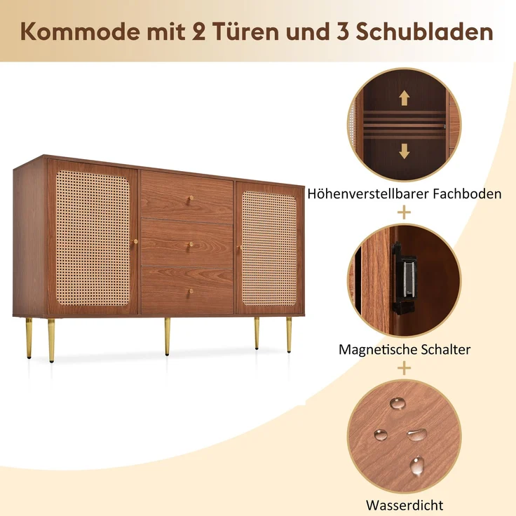 Vintage Kommode mit 3 Schubladen und verstellbarem Fachboden, Nussbaum Holzoptik, Stauraum Schrank – Bild 5