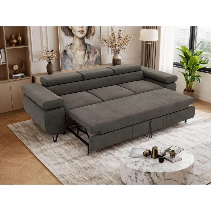 Polstersofa PETER, Sofa 3-Sitzer mit Schlaffunktion, verstellbaren Armlehnen und Kopfstütze, Gepolsterte Couch, Wellenfeder - Dunkelgrau Velvet – Bild 5