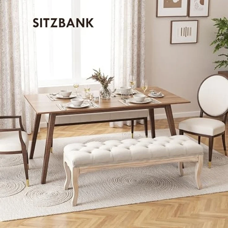 HOMCOM Sitzbank (Set, 1-St, Bettbank), Polsterbank Schuhbank Vintage Gummiholz Leinen Beige – Bild 6