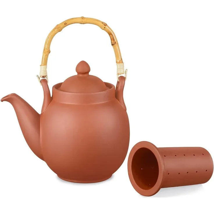 Aricola Ton Teekanne Tenno 1,6 Liter mit Tonsieb Und Bambushenkel. Handgefertigt, Original
