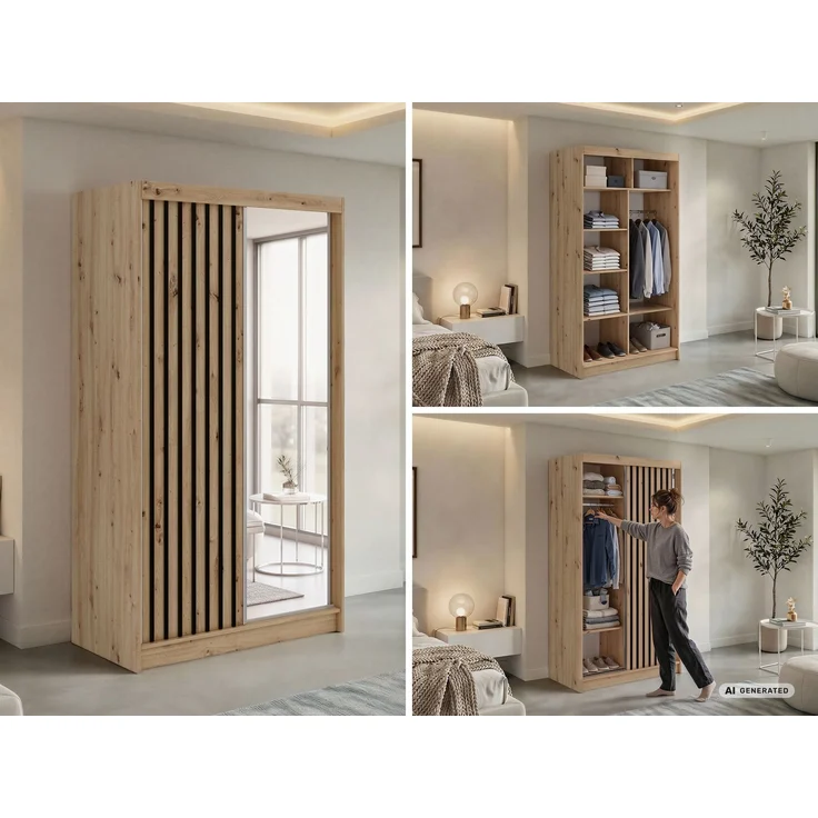 Kleiderschrank LAOS 120 cm Schiebetürenschrank Eiche Artisan mit Akustikpaneel-Design (Lamellen) Schwarz & Spiegel, Inkl. Innenausstattung – Bild 2