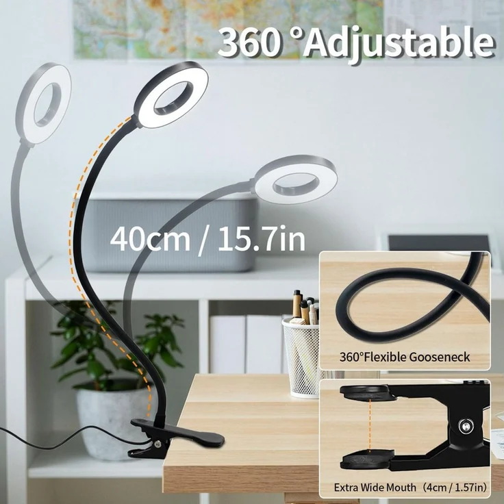 LQWELL LED Klemmleuchte Ringlicht, Clip-On, 3 Farben, dimmbar, emmleuchten Leselampe Buch, LED fest integriert, 3000K Warmweiß, 4500K Naturweiß, 6500K Kaltweiß, flexibler Schwanenhals, USB, Schlafzimmer Deko – Bild 2