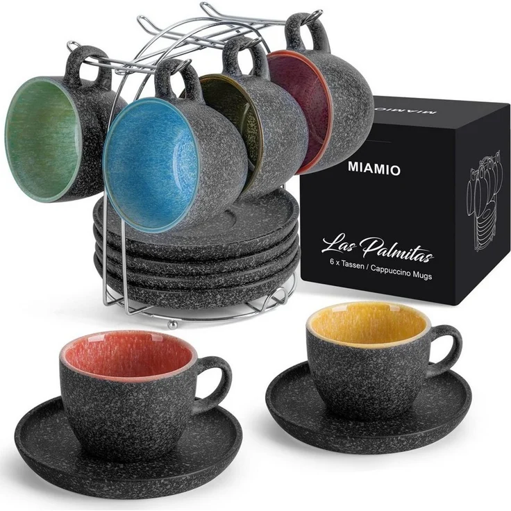 MiaMio Cappuccinotasse Cappuccinotassen Set 6 teilig mit Untertassen & Ständer (6x190 ml), Keramik – Bild 1