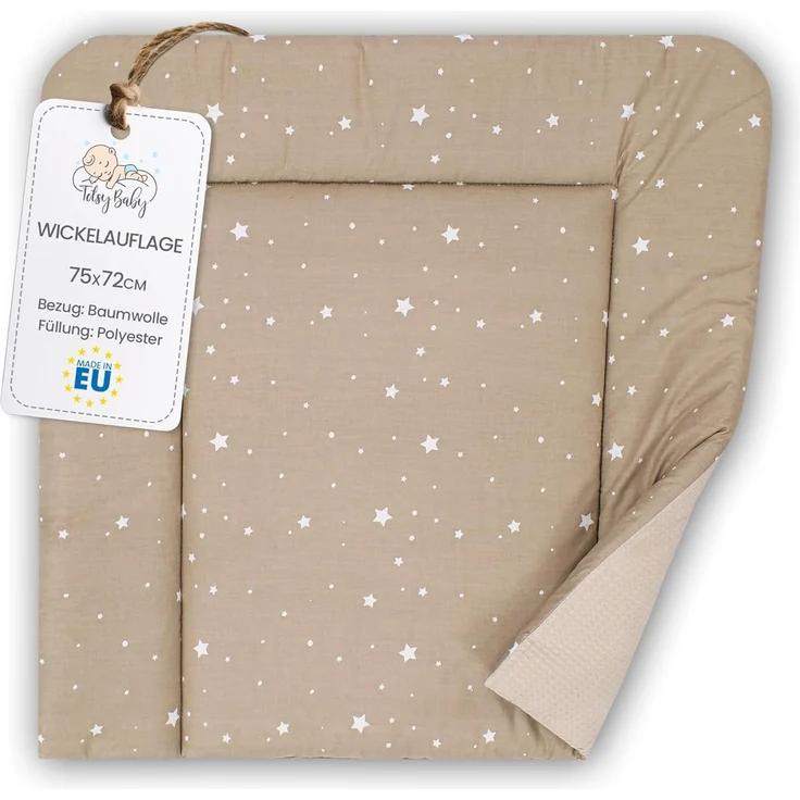 Wickelauflage Wickelunterlage aus Baumwolle 75x72 cm - Weich und waschbar Wickelunterlage für Babys Wickelmatte aus Stoff für Wickeltisch Wickelkommode oder Waschmaschine 75x72 Beige mit Weiß Sternen – Bild 1