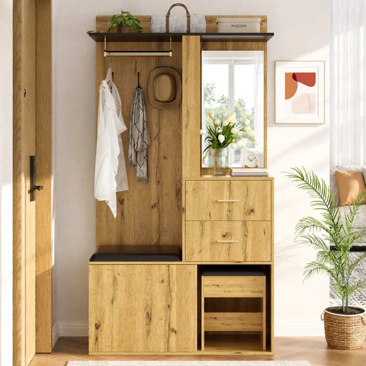 Garderobenschrank 100x40x172,5 cm mit Sitzbank, Schuhfach, Spiegel und App-LED