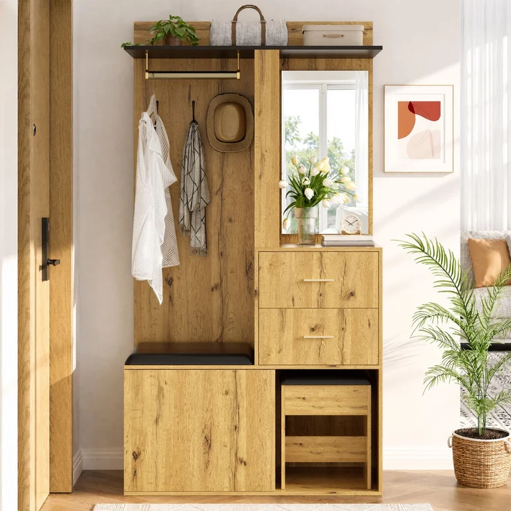 Garderobenschrank 100x40x172,5 cm mit Sitzbank, Schuhfach, Spiegel und App-LED – Bild 1