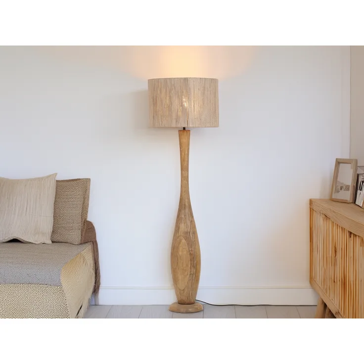 LED Stehleuchte aus Naturholz mit Lampenschirm aus Jute, Höhe 135cm