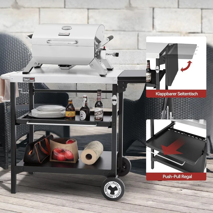 Royal Gourmet Grillablagetisch Outdoor Grilltisch mit 3 Etagen, Edelstahl-Tischplatte 70 x 50 cm, Servierwagen mit Push-Pull Regal, klappbarer Seitenablage 30 x 50 cm – Bild 5