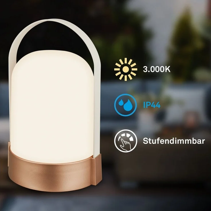 BRILONER - LED Tischlampe kabellos IP44 mit Touch, dimmbar in Stufen, warmweißes Licht, Akku Tischleuchte, Nachttischlampe, LED Lampe, Camping, Outdoor, 14,5 x 13,5 x 24 cm, Altweiß-Bronze metallic – Bild 3