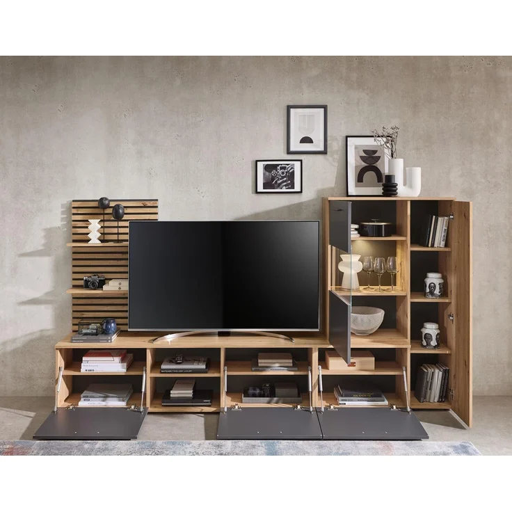 moebel-dich-auf Wohnwand ANCONA, (Artisan Eiche Nb. / anthrazit, Wandboard in Lamellenoptik + Lowboard + Vitrine), inkl. LED-Beleuchtung – Bild 3