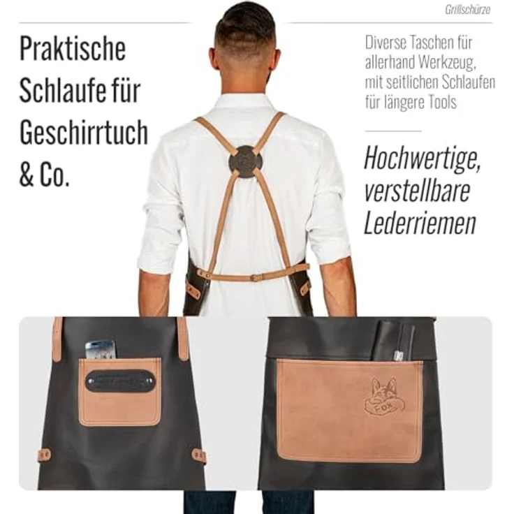 BLACK FOREST FOX Grillschürze X-FOX Büffel Leder Grillschürze BBQ Kochschürze Küchenschürze, Büffelleder, Rückenpatch, gekreutzte Träger – Bild 6