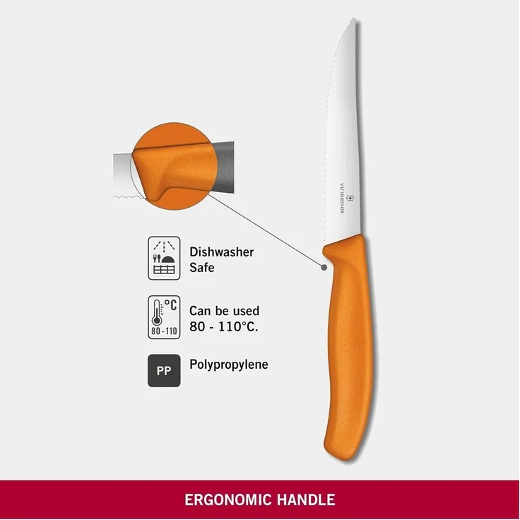 Victorinox, Swiss Classic, Profi Steak- und Pizzamesser, Extra Scharfe Klinge, Wellenschliff, 12 cm, Robuster Kunststoffgriff, Rostfreier Stahl, orange – Bild 2