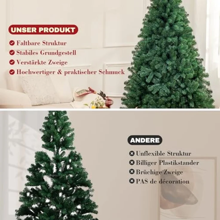 COMHOMA Künstlicher Weihnachtsbaum Weihnachtsdeko 195cm PVC Material mit 1000+ Spitzen Thickened Branches, mit dekorativen Schleifen & Grußkarten, stabiler Metallständer – Bild 4
