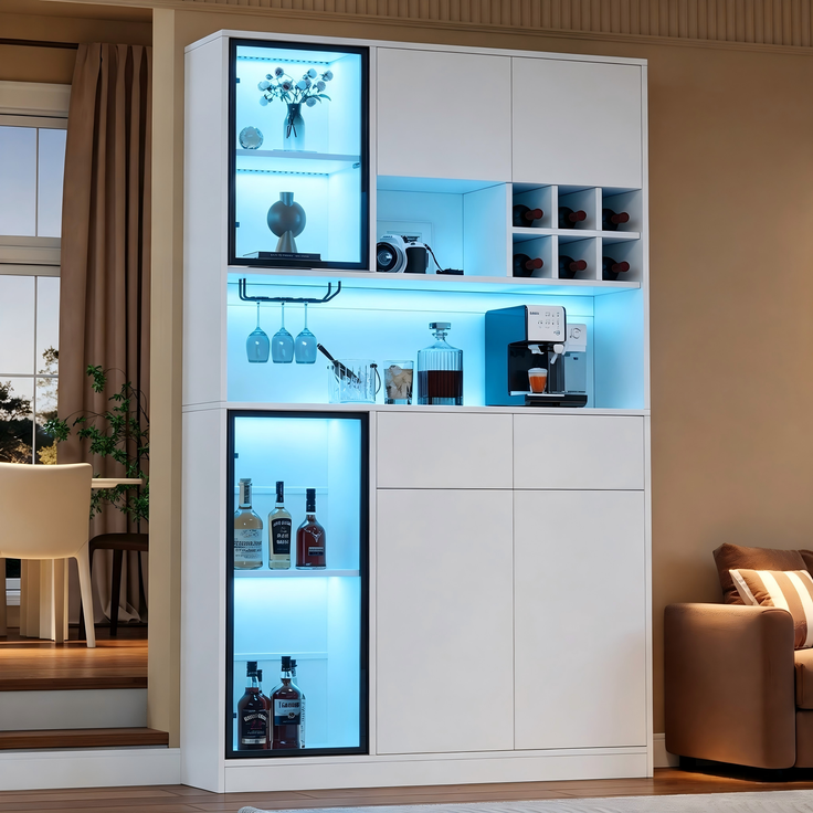 Hochschrank Vitrine 120×33×200cm, Wohnzimmer Schrank mit 6 Türen, 2 Schubladen, LED‑Beleuchtung, offenen Fächern, Hartfaserplatte & gehärtetem Glas, Weinschrank für Wohn‑ und Esszimmer--Weiß--120x33x200cm--YOUDENOVA – Bild 3